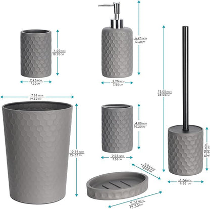 zccz Bathroom Accessory Set, 6 Piece Grey Bathroom Accessories Set with Trash Can, Toothbrush Holder, Toothbrush Cup, Soap Dispenser, Soap Dish, Toilet Brush with Holder, Trash Can, Light Gray