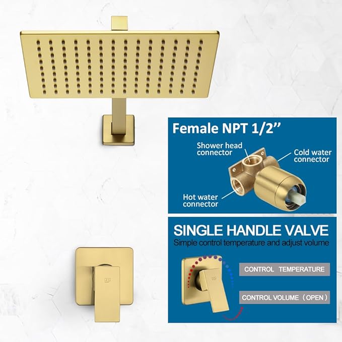 POP SANITARYWARE Shower Faucet Set Brushed Gold Bathroom Rainfall 12 Inch Shower Head and Handle Set Wall Mounted Shower System Single Function Shower Fixture, Include Shower Valve and Trim Kit