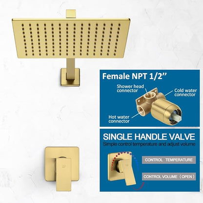 POP SANITARYWARE Shower Faucet Set Brushed Gold Bathroom Rainfall 12 Inch Shower Head and Handle Set Wall Mounted Shower System Single Function Shower Fixture, Include Shower Valve and Trim Kit