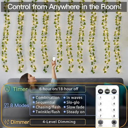 suddus 200 LED Vine with Light Plug in, 6.5ft x 6.5ft Ivy Fairy Curtain Lights with Remote, Leaf Fairy Lights for Wall,Bedroom, Dorm, Wedding, Party, Indoor Decor(Warm White)