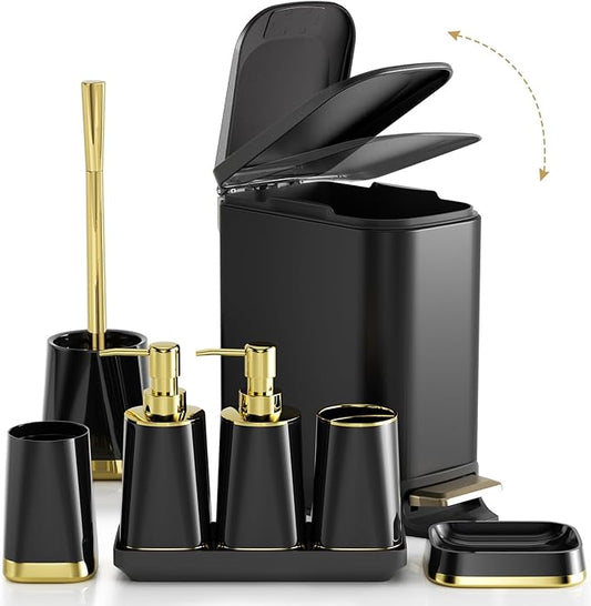 Bathroom Accessories Set- 8PC Black Bathroom Set, Luxury Bathroom Set with Stainless Steel Bathroom Trash Can, Toilet Brush, Toothbrush Holder & Soap Dispenser