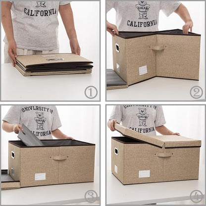 PRANDOM Storage Bins with Lids [3-Pack] Jute Fabric Foldable Storage Boxes Organizer Containers Baskets Cube with Cover for Home Bedroom Closet Office Nursery khaki（23.4X15.9X11.5