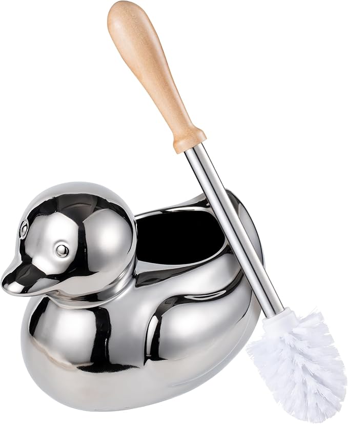 Toilet Brush Holder Set - Ceramic Silver Toilet Scrubber Brush with Duck Base, Bathroom Cleaning Brush, 7.5" Cute Toilet Brush Organizer, Home Decor& Easy Wipe Clean