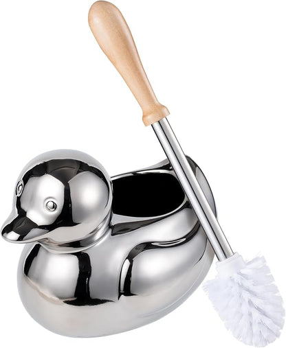 Toilet Brush Holder Set - Ceramic Silver Toilet Scrubber Brush with Duck Base, Bathroom Cleaning Brush, 7.5" Cute Toilet Brush Organizer, Home Decor& Easy Wipe Clean