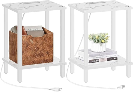 TUTOTAK End Table with Charging Station, Set of 2, Small Side Table, Nightstand Bedside Table, 2-Tier Storage Shelf for Small Space, Living Room, Bedroom, Marble White TB01BMW041
