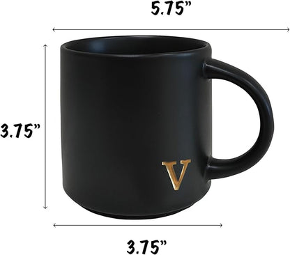 COLLECTIVE HOME - Black Monogram Ceramic Mugs, 15 oz Golden Initial Coffee Cups, Elegant Alphabet Tea Mugs, Personalized Halloween Mug with Gift Box, Perfect for Office and Home Décor (v)