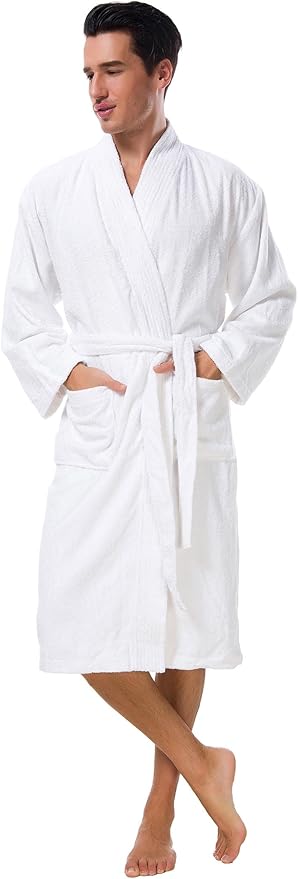 SIORO Mens Robe Terry Cloth Kimono Bathrobe Cotton Soft Shower Towel Bath Robes Calf Length Housecoat for Spa Hotel Hot Tub