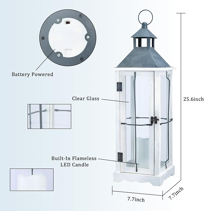 Bdor 26in Farmhouse White IP65 Waterproof Wood Metal Decorative Lanterns with Remote Control, Timer, Tempered Glass, Flameless Pillar Candles, Decorative Lanterns for Home Decor, Front Porch, Wedding