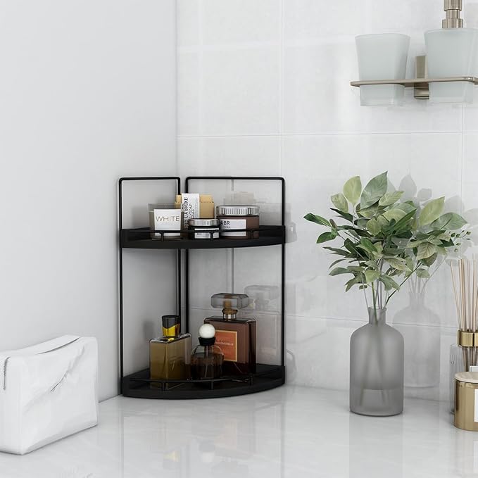 Dorhors 2-Tier Bathroom Counter Organizer,Vanity Counter Corner Shelf, Skincare, Wood Countertop Bathroom Storage and Organization for Kitchen (Black)
