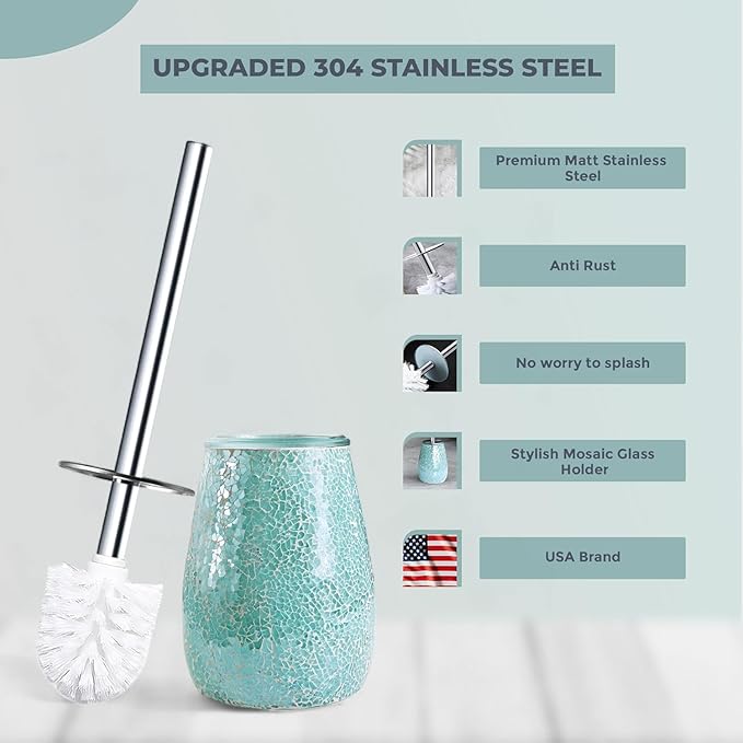 Turquoise Green Toilet Brush and Holder Set Mosaic Glass | Non-Rustic Stainless Steel | Practical & Decorative Toilet Bowl Brush and Holder | Luxury Green Bathroom Accessories