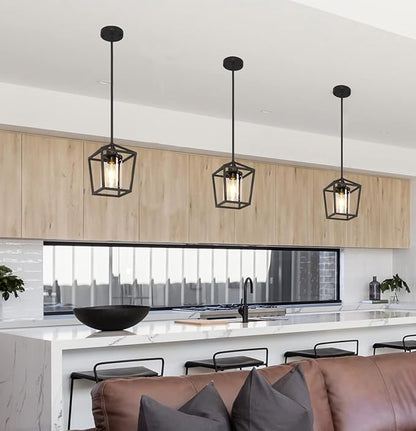 1 Pack Black Pendant Light Fixture Farmhouse Iron Cage Metal Pendant Light Lantern Hanging Light Fixtures with Clear Glass Shade for Kitchen Island, Dining Room, Hallway,Entryway1