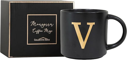 COLLECTIVE HOME - Monogram Ceramic Mugs, 15 oz Golden Initial Black Coffee Cups, Elegant Alphabet Tea Mugs, Elegant Personalized Mug with Gift Box, Unique Mug with Double Side Capital Lette (V)