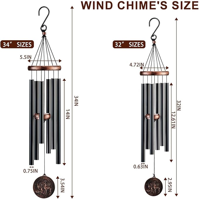 Wind Chimes for Outside, Deer Deep Tone Vintage Wind Chime Outdoor Clearance, Sympathy/Memorial/Festivals/Birthday Gift for Mom Dad Grandma, Home Garden Patio Decor (34" Deer)