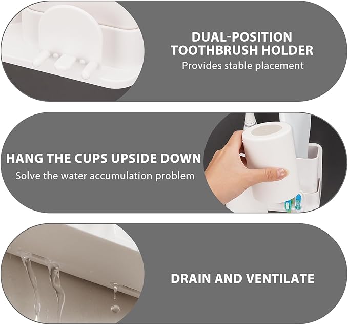 Toothbrush Holders with 2 Mouthwash Cup Wall Mounted for Bathrooms, 2 Slots Bathroom Organizer for Toothpaste, Electric Toothbrush, Razor, Floss, Self Adhesive Toothbrush Hanger Storage for Shower