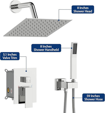 Sarlai Shower Faucet Set Bathroom Square Rainfall Shower Head and Handle Combo Wall Mounted Shower Faucet with Valve 8 Inch Shower Head Trim Systems Chrome