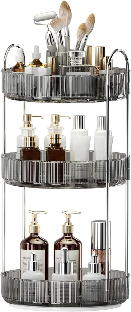 360° Rotating Makeup Organizer, Upgraded 3 Tier Skincare Perfume Organizers for Women, Bathroom Organizer Countertop, Clear Cosmetic Dresser Organizer with Makeup Brush Holder, Sink&Counter(Grey)