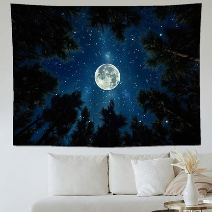 keowhsf Forest Galaxy Tapestry for Bedroom Ceiling - Starry Night Sky with Moon and Trees, Blue Aesthetic Wall Hanging, Milky Way Landscape Backdrop for Living Room and Dorm Decor