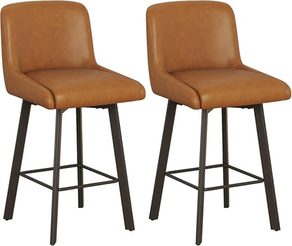 Swivel Counter Height Bar Stools Set of 2, 26''H Upholstered Barstools with Backs, Modern Bar Stool Chairs for Kitchen Island, Metal Legs, Faux Leather, Whiskey Brown Stools Counter Chair
