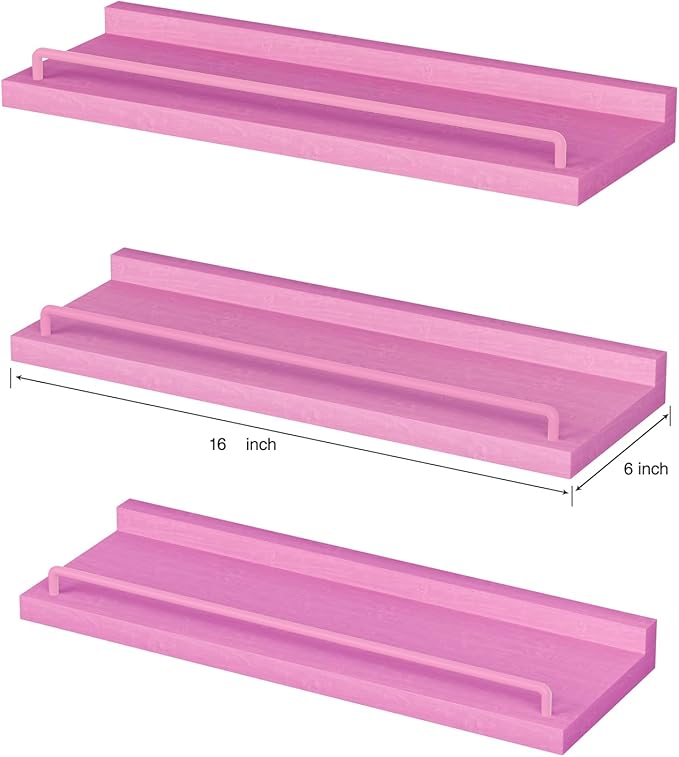 Pink Floating Shelves, Kawaii Room Decor Wall Shelves for Living Room, Bedroom, Picture Frames, Plants, Kitchen - Set of 3 (Rose Pink), 84732428