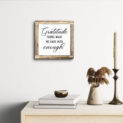 Rustic Wood Sign, Gratitude Turns What We Have Into Enough Sign, Wooden Plaques Table Decor, Inspirational Desk Decorate, Home Office Decor, Thankful Quote Signs, Small Wooden Box Signs