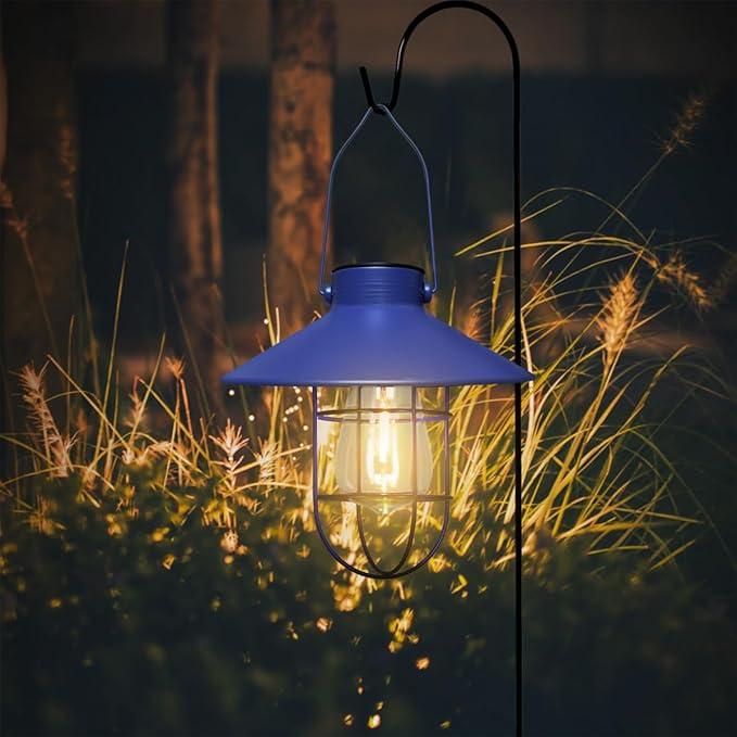 pearlstar Solar Lantern Outdoor Hanging Light Metal Farmhouse Solar Lamp with Warm White Edison Bulb Design for Garden Yard Patio Proch Decor(Blue)