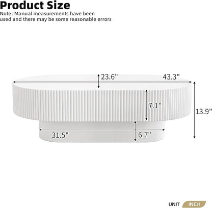 43.3" Oval Fluted Coffee Table Modern Elegant Drum End Table, Minimalist Center Table 7.8" Thick Tabletop with Sturdy Base for Living Room, Bedroom, Apartment,Easy Assembly, White