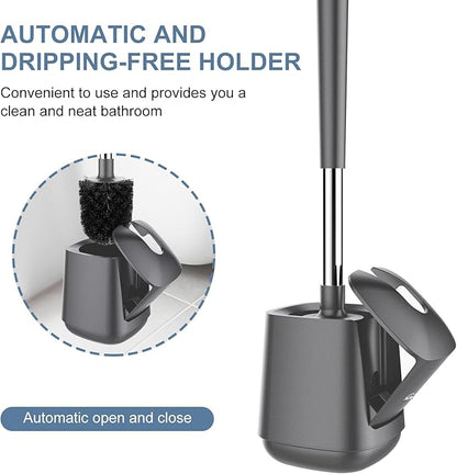 SetSail Toilet Brush and Holder 3 Pack, Self Closing Lid Toilet Bowl Brushes Holder Extra Long Handle Ventilated Toilet Brush Set for Bathroom Cleaning, Nylon Bristles, Grey