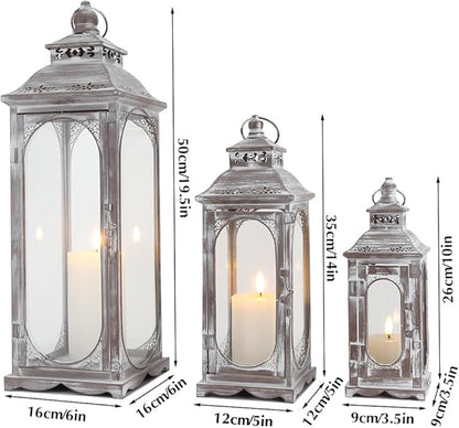 TRIROCKS Set of 3 Vintage Candle Lanterns 10/14/19.5''H Decorative Outdoor Lantern Metal Candle Holder with Tempered Glass for Home Living Room Garden Yard Parties Event Indoors Outdoors (Cement Grey)