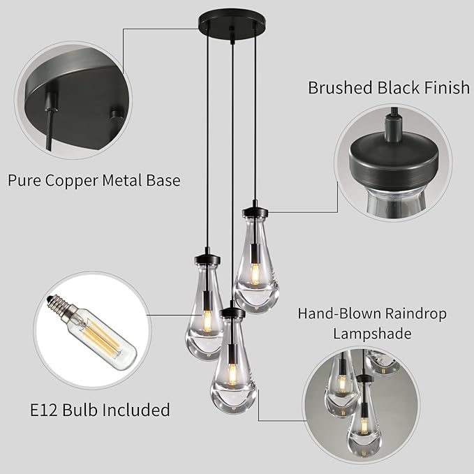 Bronze 3 Light Pendant Lighting, Raindrop Pendant Lights, Black Adjustable Hanging Rope Cluster Pendant Lighting Over Kitchen Island, Teardrop Glass Chandelier Dining Room Light Fixture