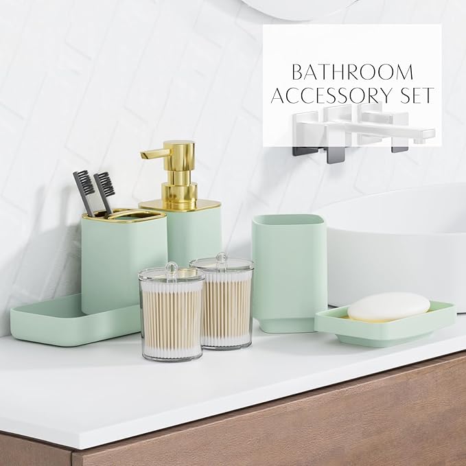 9PCS Bathroom Accessory Set, Green Bathroom Set with Large-Capacity 4 Gallon Trash Can, Bathroom Accessories Set Complete, Toothbrush Holder, Soap Dispenser, Toilet Brush, Bathroom Decor