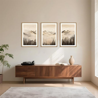 Celestdeco Nature Misty Forest Framed Canvas Wall Art Set, Foggy Landscape Wall Decor, Watercolor Pine Tree Wall Painting, Large Mountains Art Print for Living Room, Bedroom, Office - 24"X36"X3