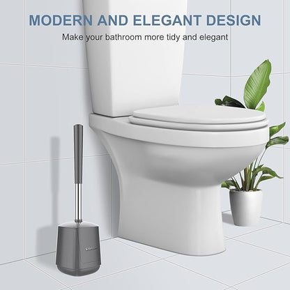 SetSail Toilet Brush and Holder 4 Pack, Self Closing Lid Toilet Bowl Brushes Holder Extra Long Handle Ventilated Toilet Brush Set for Bathroom Cleaning, Nylon Bristles, Grey