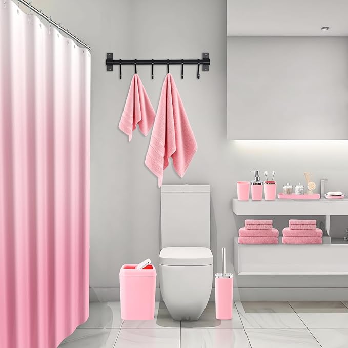 Pink Bathroom Accessories, 24 Pieces Pink Bathroom Accessories Set with Shower Curtain, Bath Towels, Trash Can, Soap Dispenser and Soap Dish for Bathroom/Housewarming