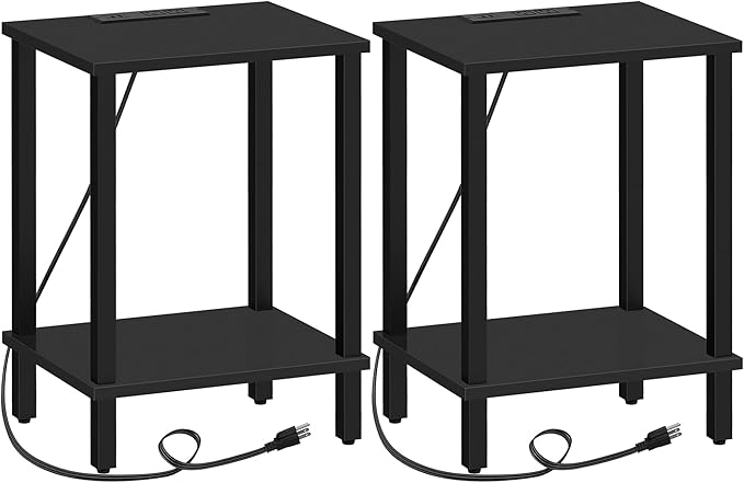 TUTOTAK End Table with Charging Station, Set of 2, Side Table with USB Ports and Outlets, Nightstand, 2-Tier Storage Shelf, Sofa Table for Small Space, Living Room, Bed Room TB01BK041