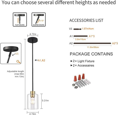 Black Brass Pendant Lights Kitchen Island - Clear Glass Pendant Light Fixture Multiple Stems Rods 3 Units 12 Inch 3 Units 4 Inch (2 Pack Black Brass Downrod)