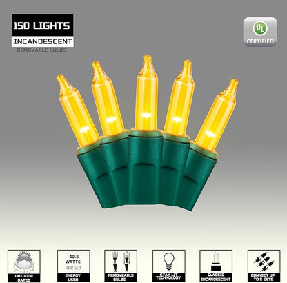150LIGHTS Yellow Extra-Bright with End Connectors Christmas Decorative Lights 9.72m UL Certified Mini String Light Set Waterproof for Home Garden Holiday Christmas Tree Party Patio Wedding