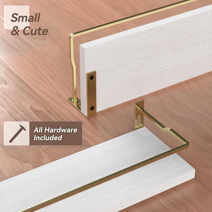 RICHER HOUSE Bathroom Shelves, Small Floating Wall Shelf for Bathroom Decor, Wall Mounted Wood Shelves, Bathroom Organizer Over Toilet Storage, Guard-Rail Kitchen Shelves Set of 2 - White Gold