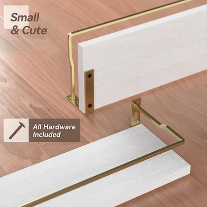 RICHER HOUSE Bathroom Shelves, Small Floating Wall Shelf for Bathroom Decor, Wall Mounted Wood Shelves, Bathroom Organizer Over Toilet Storage, Guard-Rail Kitchen Shelves Set of 2 - White Gold