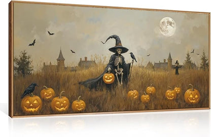 Celestdeco Halloween Ghost Reaper Framed Wall Art Set, Scary Witchy and Pumpkin Wall Decor, Horror Night Wall Painting,Full Moon Bats Art Prints for Living Room,Bedroom,Halloween Themed Party Decor-20"×40"