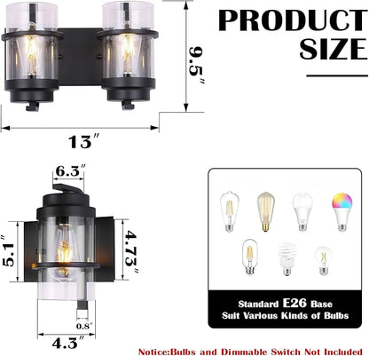 Bathroom Vanity Light Fixtures,2 Light Bathroom Vanity Lights,Black Farmhouse Sconce Over Mirror(Bulbs not Included)
