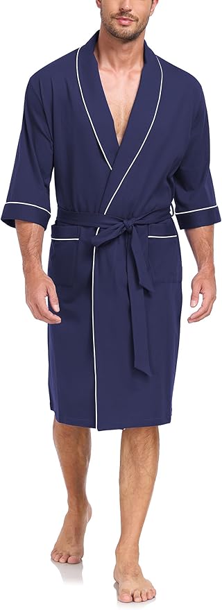 COLORFULLEAF Men's Bathrobes 100% Cotton Soft Comfort Breathable Short Sleeve Summer Kimono Mens Lightweight Robe