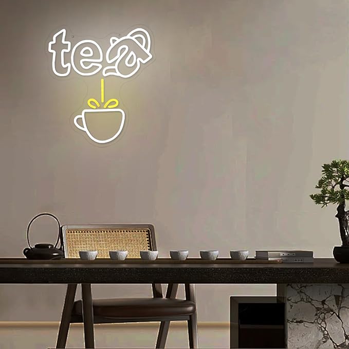 Tea Neon Sign Teapot LED Neon Light White Tea Bar Neon Sign Decor Hanging for Coffee Station, Teahouse, Restaurants, Home, Farmhouse, Kitchen Decoration