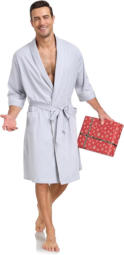 COLORFULLEAF Men's Bathrobes 100% Cotton Soft Comfort Breathable Short Sleeve Summer Kimono Mens Lightweight Robe