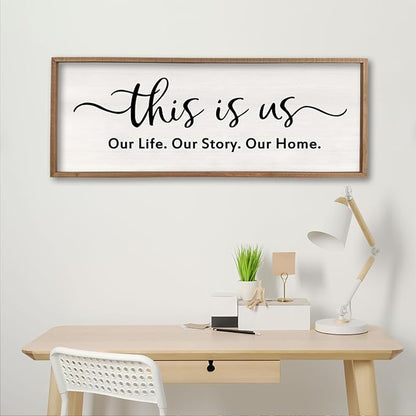 This is us Wall Decor Sign 32'' x 12'' Large Master Bedroom Home Life Story Wood Framed Vintage Family Sign Rustic Plaque Living Room Minimalist Farmhouse Hanging Wall Art (Wood)