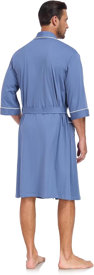 COLORFULLEAF Men's Bathrobes 100% Cotton Soft Comfort Breathable Short Sleeve Summer Kimono Mens Lightweight Robe