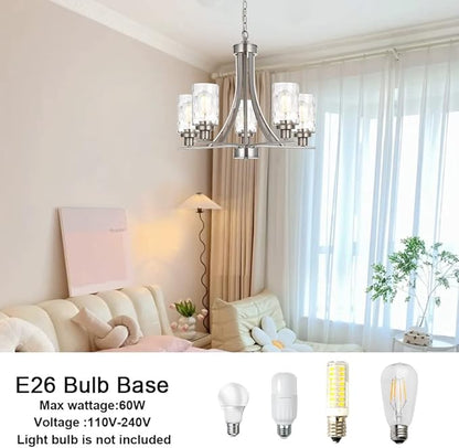 BONLICHT 5 Light Modern Chandeliers Brushed Nickel Kitchen Island Dining Room Lighting Fixtures Ceiling Hanging Clear Hammered Glass Pendant Lamp Transitional Pendant Lights for Living Room Foyer