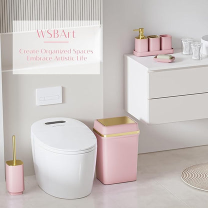9PCS Bathroom Accessory Set, Pink Bathroom Set with Large-Capacity 4 Gallon Trash Can, Bathroom Accessories Set Complete, Toothbrush Holder, Soap Dispenser, Toilet Brush, Bathroom Decor