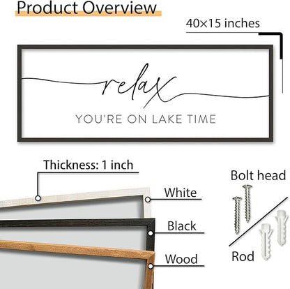 SRSZHIYUE Relax You're On Lake Time Wall Decor Above Bed Sign 40"×15" for Lake House Bedroom Over Bed Large Wood Framed Hanging Art (Black)