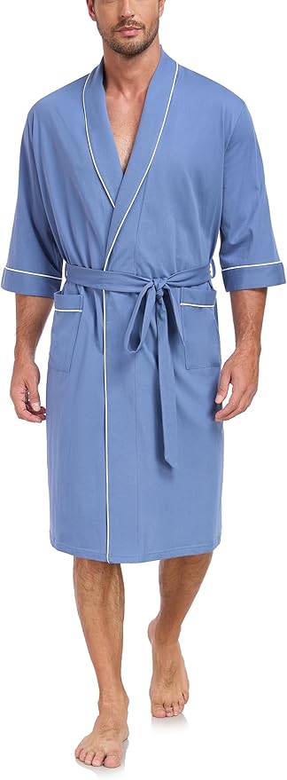 COLORFULLEAF Men's Bathrobes 100% Cotton Soft Comfort Breathable Short Sleeve Summer Kimono Mens Lightweight Robe