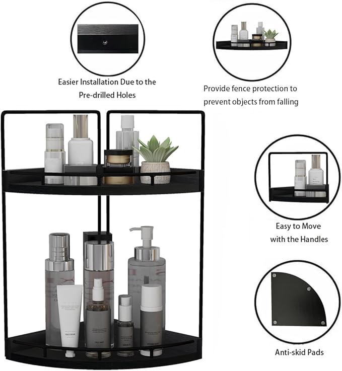 Dorhors 2-Tier Bathroom Counter Organizer,Vanity Counter Corner Shelf, Skincare, Wood Countertop Bathroom Storage and Organization for Kitchen (Black)